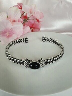Vintage Sterling Silver 925 Black Onyx Twisted Rope Cuff Bracelet